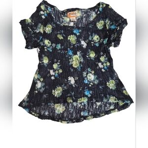 Mudd Navy and Lime Floral Blouse
